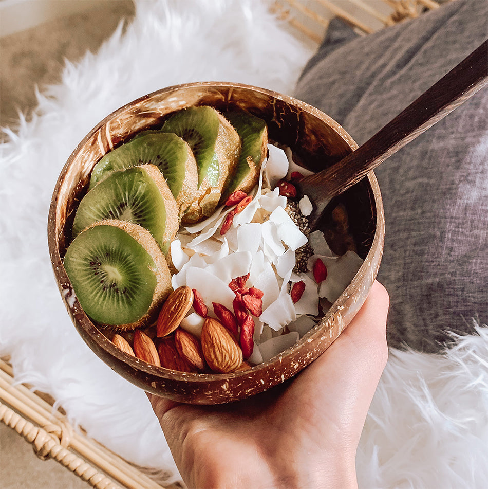 Coconut Bowl with Wooden Spoon (Leaf Pattern)