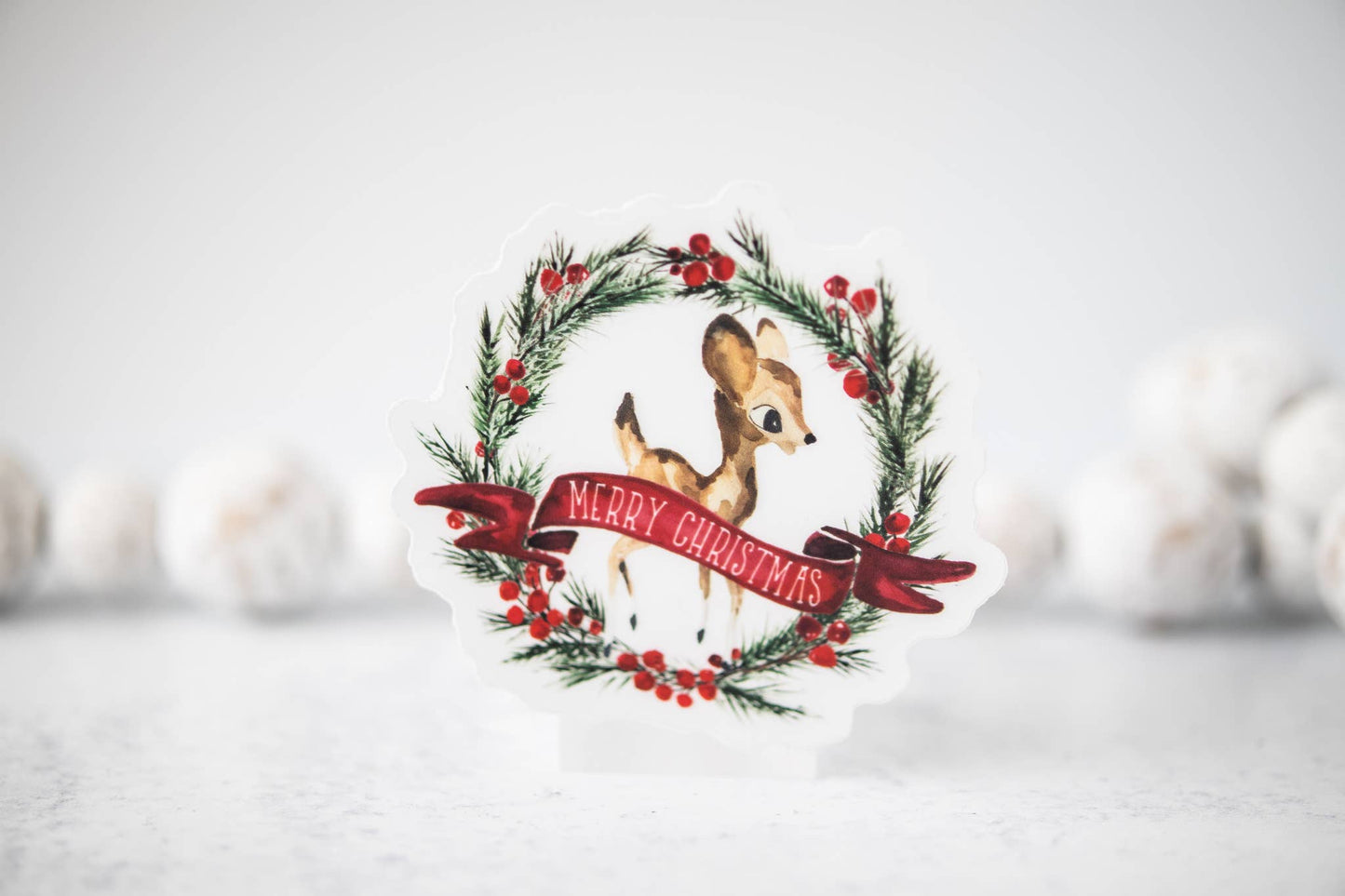 Savannah and James Co - Merry Christmas, Wreath Deer Clear Vinyl Sticker 3x3 in.