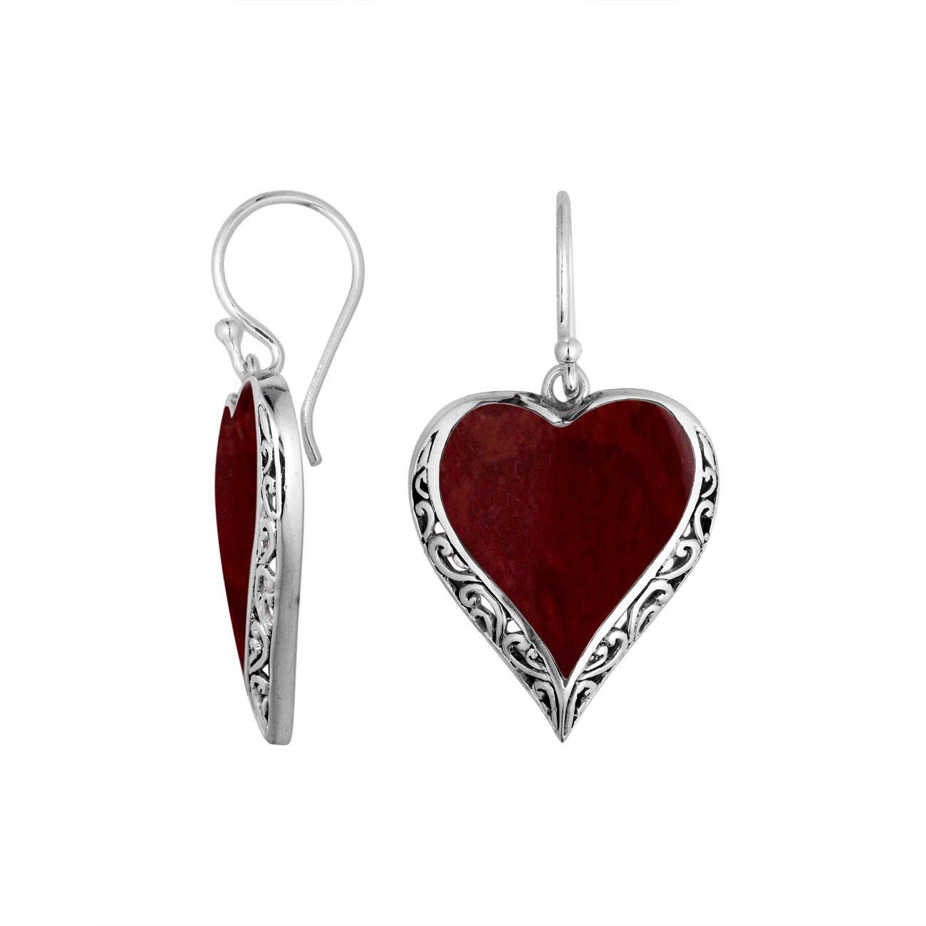 Bali Designs - AE-6196-CR Sterling Silver Heart Shape Earring With Coral - hiraethcynefin