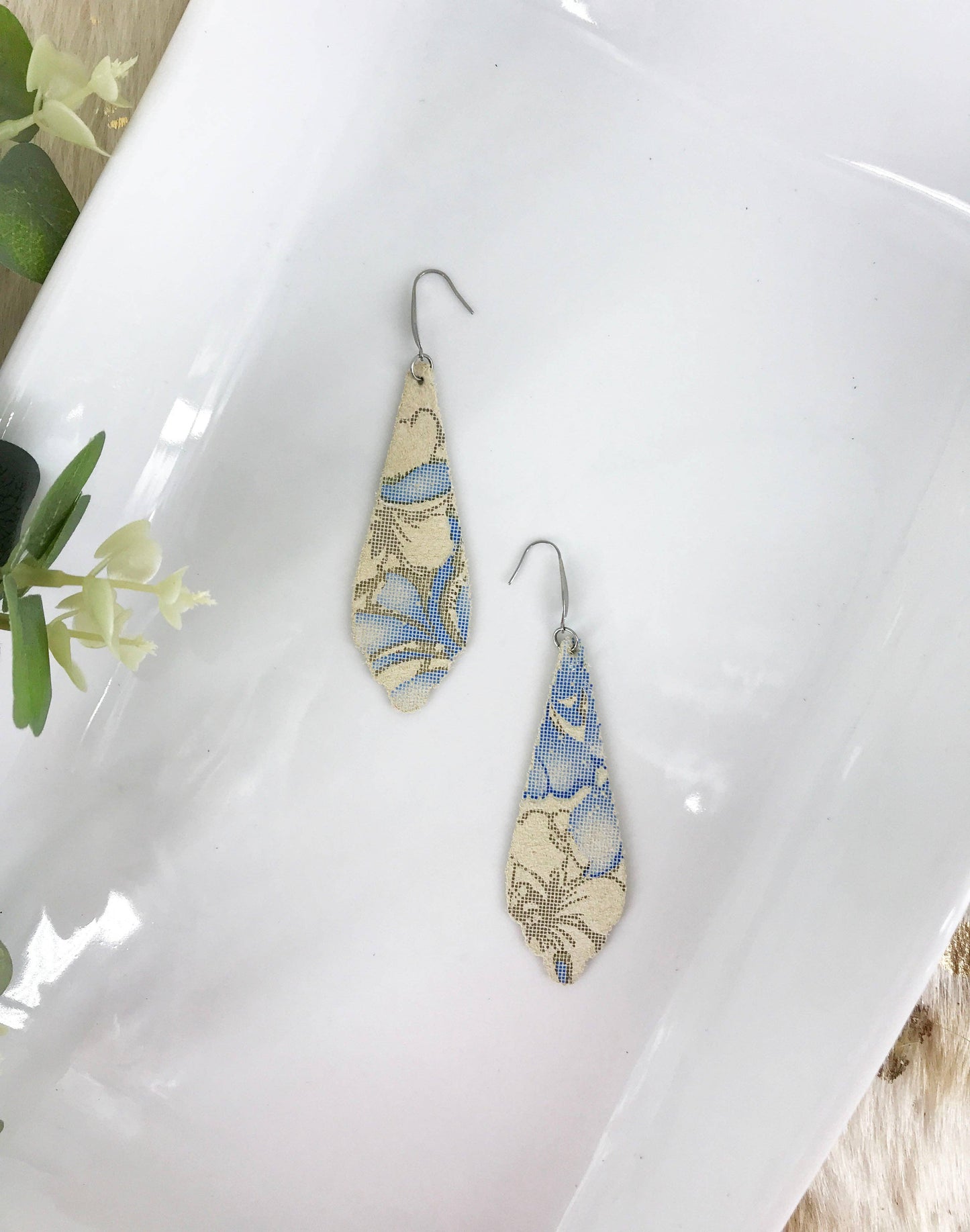 Genuine Tan and Blue Leather Earrings