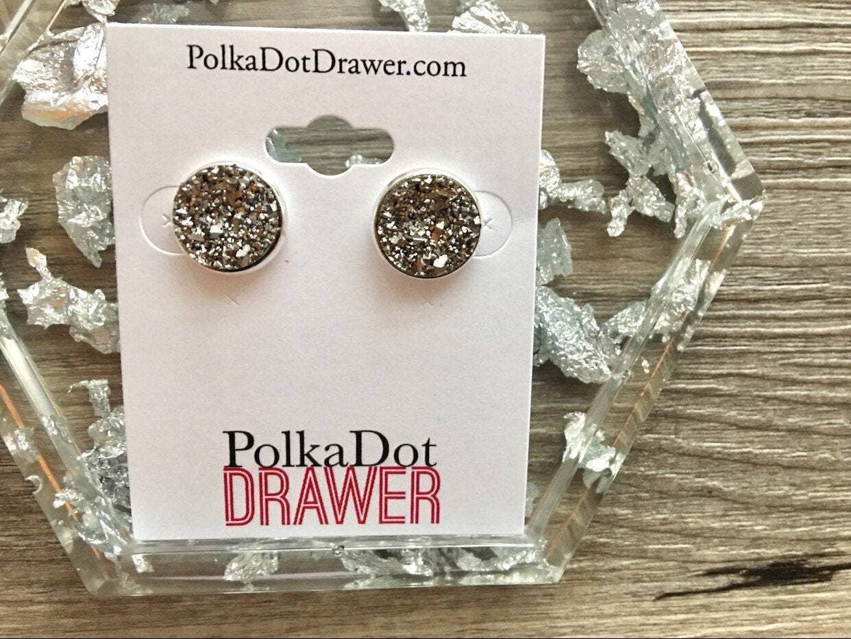 Gray Glitter Druzy Confetti Circle Studs