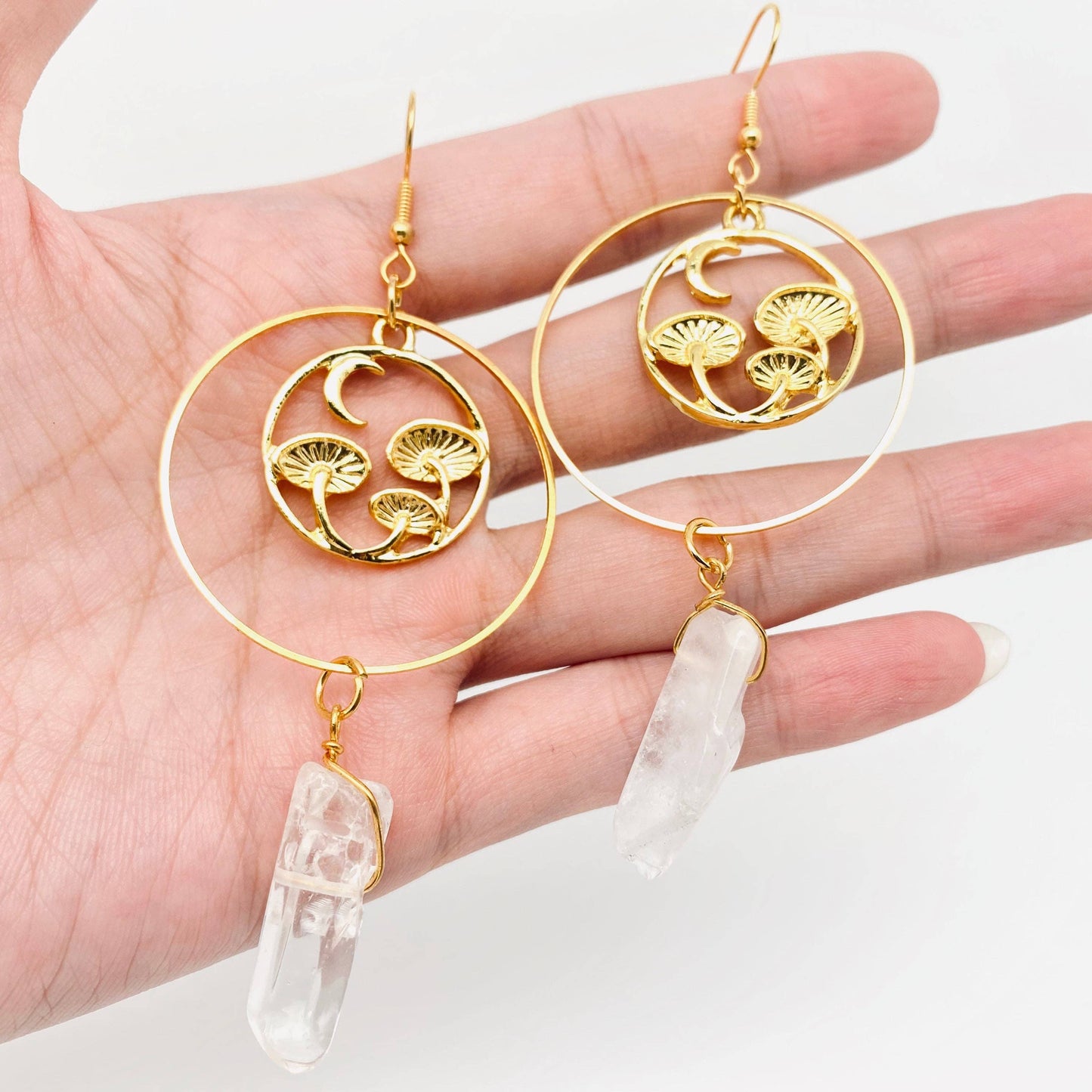 Golden Mushroom Natural Irregular White Stone Pendant Earrings