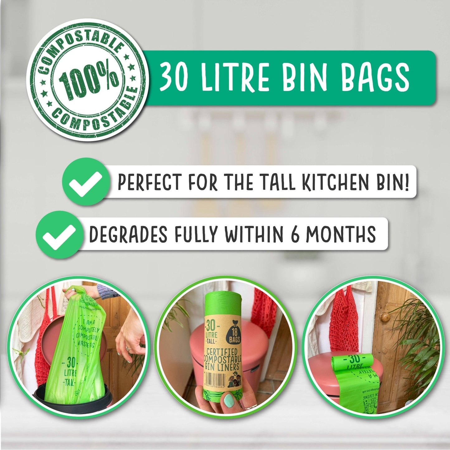 30 Litre Compost Friendly & Zero Plastic 18 Bin Bags