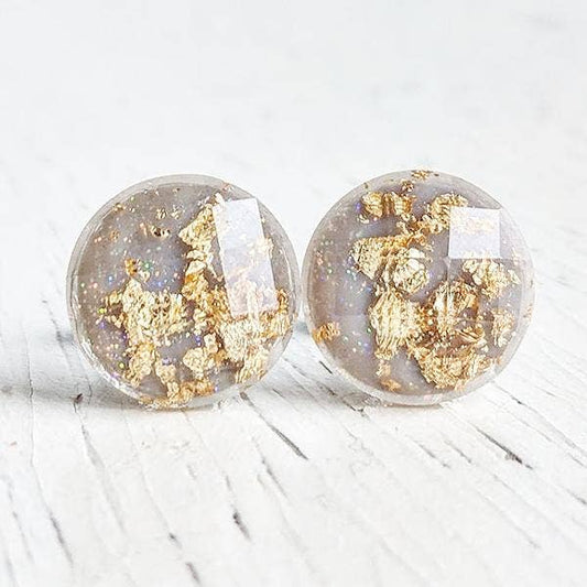 Grey With Gold Flakes Stud Earrings
