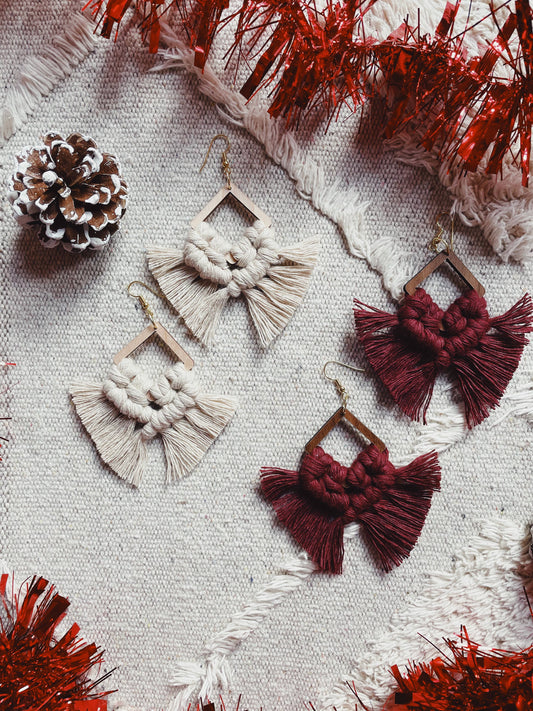 Wood Macrame Earrings - White