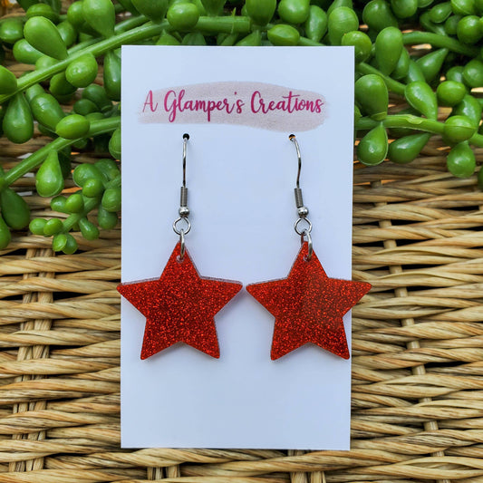 Patriotic Red Glitter Star Acrylic Earrings