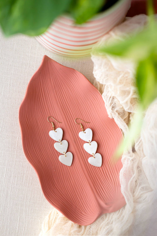 Pearl White Triple Heart Earrings (Clay)