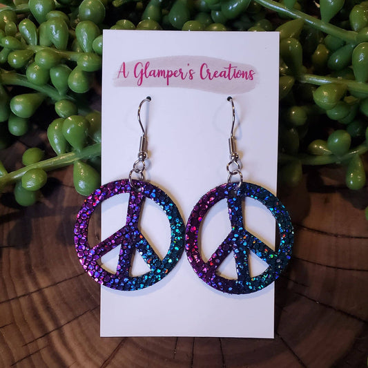 Pink/Purple/Blue Sparkle Peace Sign Leather Earrings