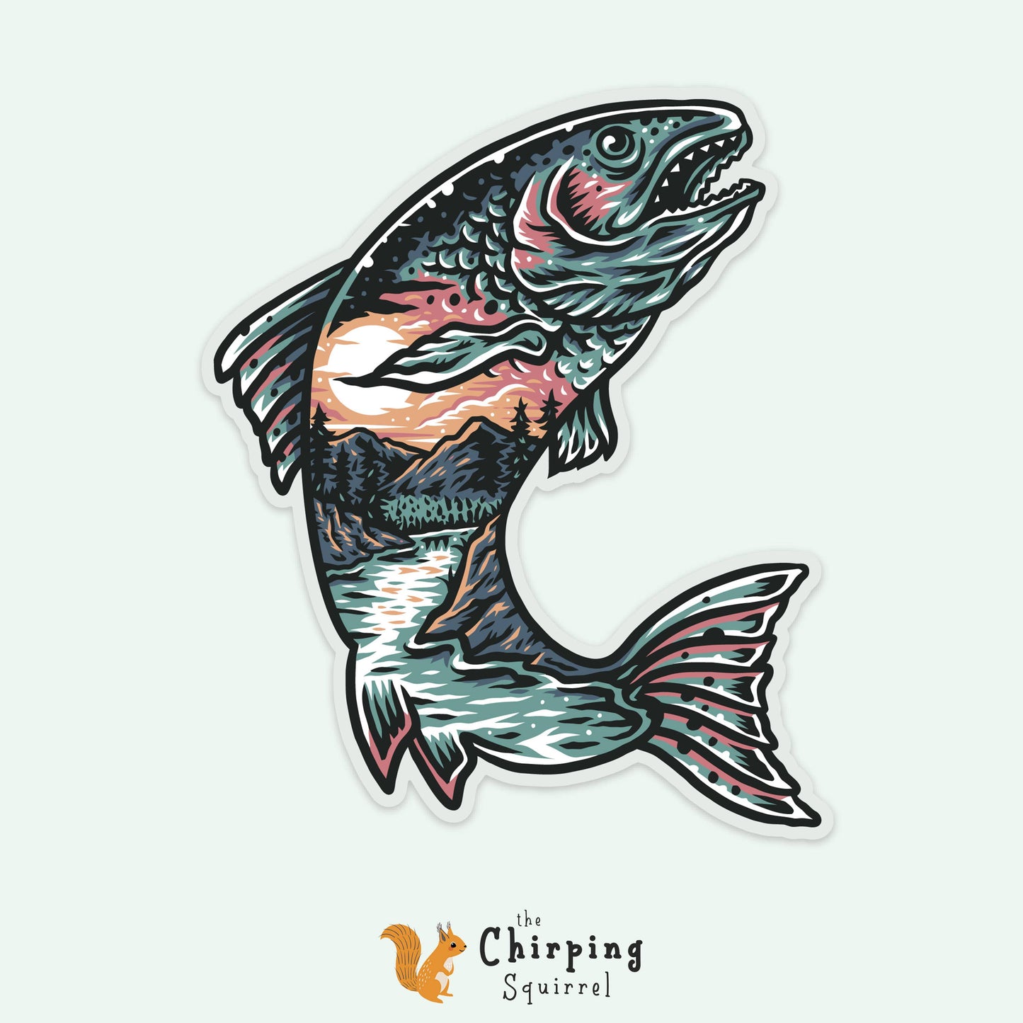 The Chirping Squirrel - Fish / Trout Sticker & Stream View - Fly Fishing / Outdoors