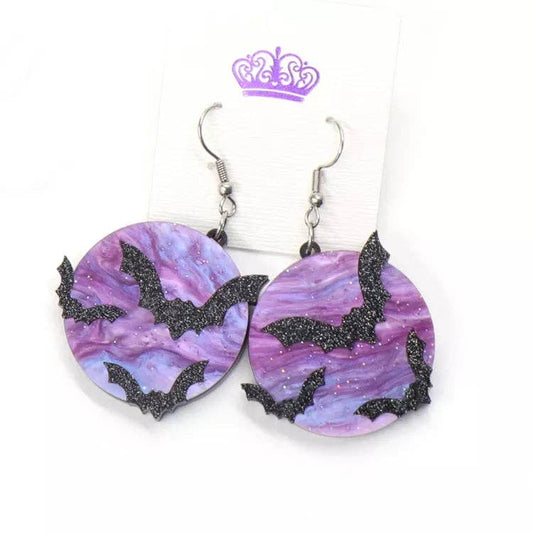 Purple Moon Bat Dangle Earrings