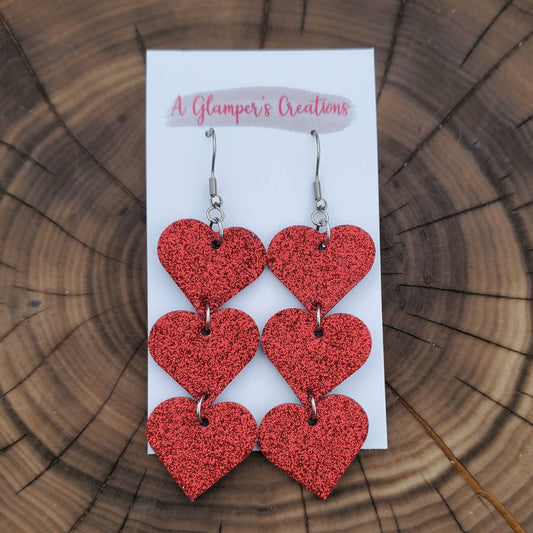 Red Glitter Heart Dangle Valentine's Day Leather Earrings