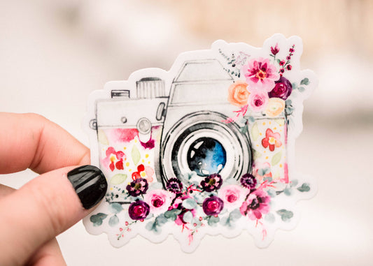 Floral Camera Vinyl Sticker, 3x3 in