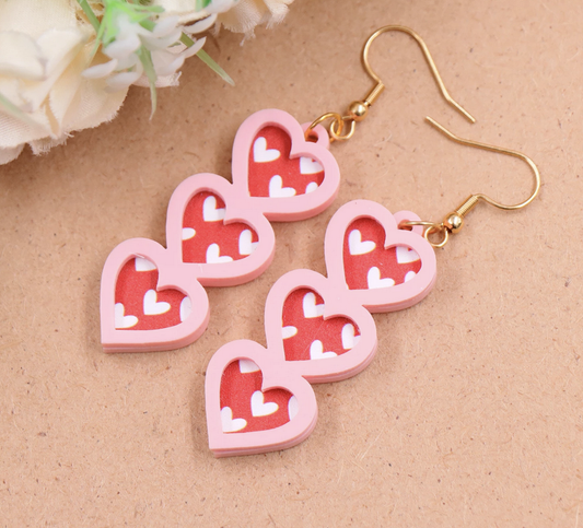 Red Pink Heart Valentines Day Earrings